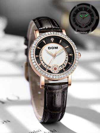 DOM 1st Dames Strass Maan & Datum Lichtgevende Punt Wijzerplaat Bruine Leren Band Elegante Mode Waterdichte Quartz Horloge, Geschikt Voor Dagelijks Gebruik En Cadeau