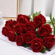 1 件/10 件玫瑰人造花，单枝红玫瑰，适合母亲节家居装饰中心装饰派对结婚周年纪念装饰，人造单枝玫瑰花，适合情人节，毛绒天鹅绒玫瑰仿真花 - 酒紅色 - 查看 5