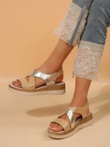 1 双女士夏季新款时尚户外海滩度假风格厚底凉鞋，露趾百搭，配裙摆，拼色带，粗跟，高跟公主派对金色女士凉鞋