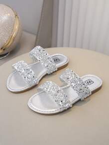 Sandalias de punta abierta con diamantes de imitación de doble hilera para niñas, de primavera y verano, nuevas y modernas.