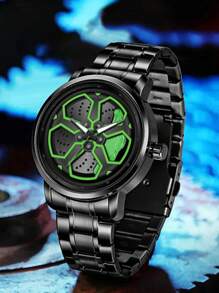 VA VA VOOM 1 Peça Relógio de Quartzo para Homens com Pulseira de Aço Inoxidável Preta, Mostrador do Carro Mi, Relógio Esportivo nas Cores Verde, Vermelho, Amarelo e Branco, Casual Esportivo 42mm, Presente Minimalista Marca Va Va Voom, Movimento de Quartzo Original para Homens