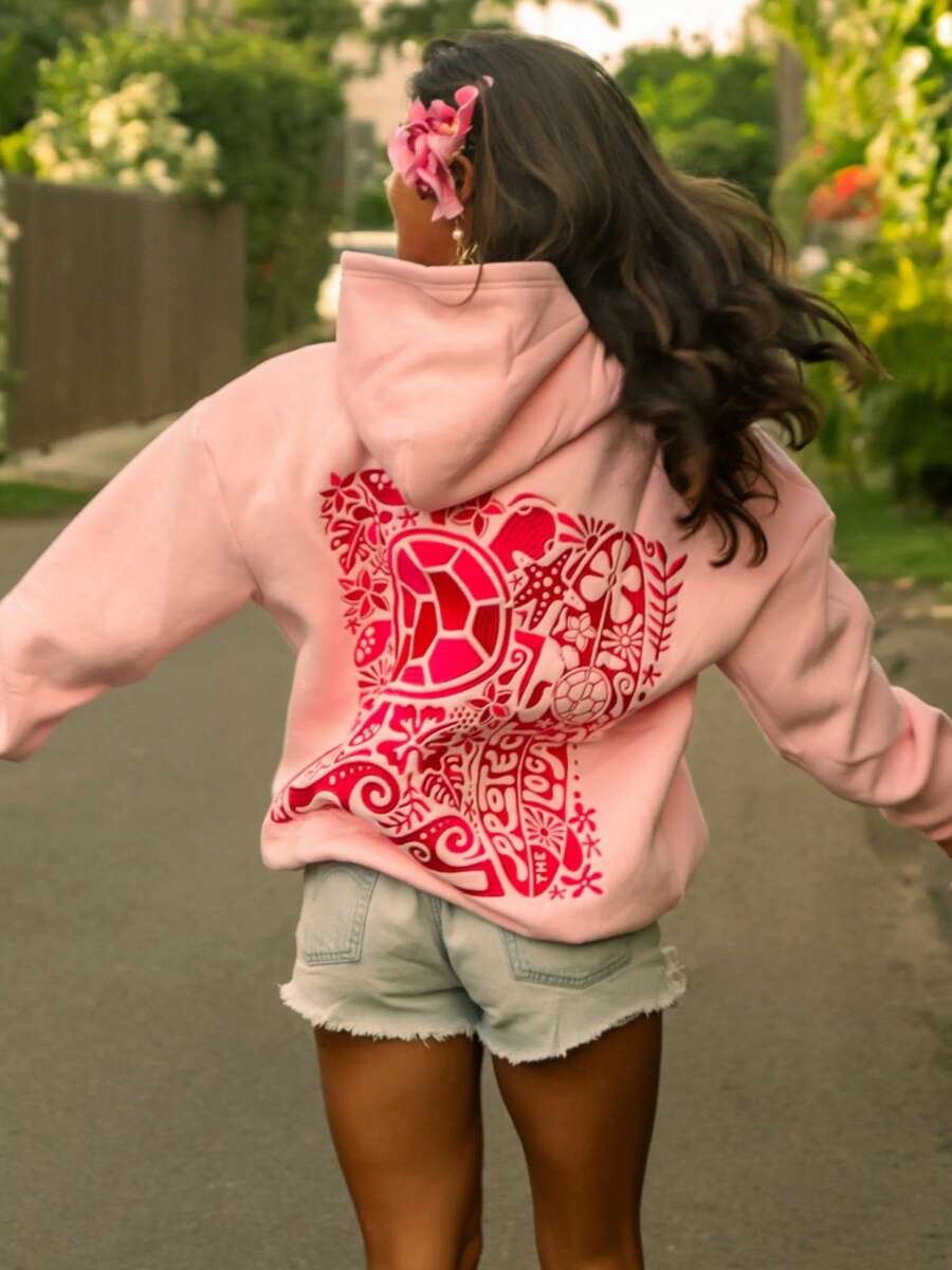 Y2k Hooded Sweatshirt For Women Men Turtle Embroidered Long Sleeve Kangaroo Pocket Oversized Sweatshirt Drop Shoulder Graphic Hoodies For Teen Girls Casual Loose Pullover Tops Streetwear Preppy Aesthetic Clothes For Fall Spring Winter Outfit - Hồng - Xem 1