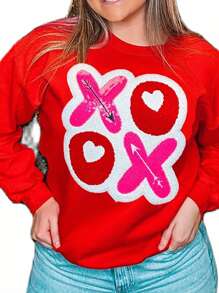 Womens Valentines Day Sweatshirts Long Sleeve Round Neck Letter Patchwork Pullovers Oversized Tops