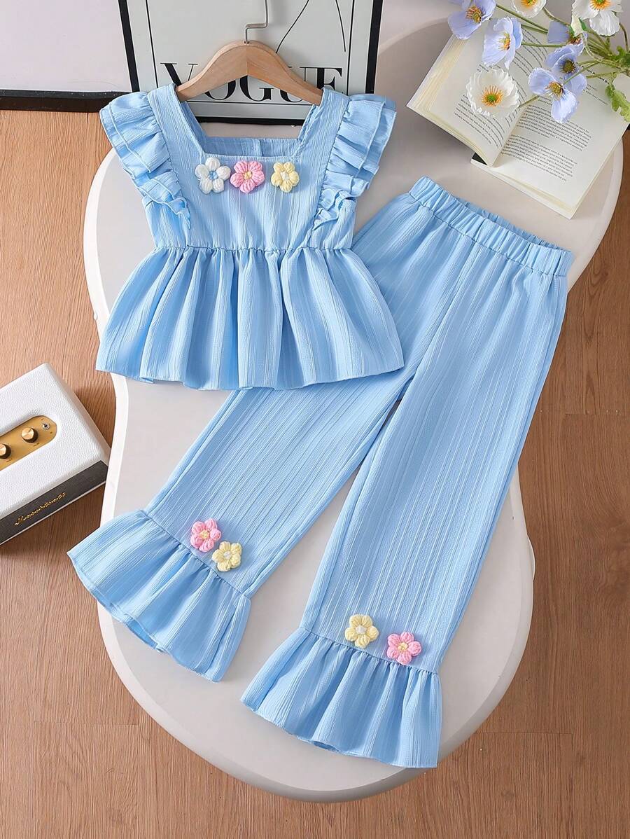 2pcs/Set Young Girls Embroidered Floral Trim Blouse And Matching Flared Pants Set