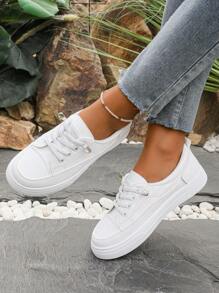 Plus Size Women Athletic Sneakers,White School Casual Student Flat Fashionable Lace-Up Trainers,Non-Slip Breathable Leisure Comfortable Big Size Shoes