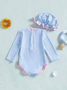 Traje de baño de 2 piezas con protección contra erupciones y gorro para niñas pequeñas, estampado de rayas, manga larga, cuello redondo, trajes de baño para niñas pequeñas - Azul - Ver 5