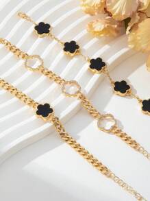 3pcs Rhinestone Decor Thick Chain Black Clover Charms Women Bracelet Set - Black - View 2