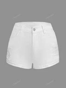 Summer Casual Solid Color Distressed Cuff Denim Shorts