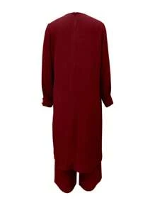 Women's Solid Color Button Design Long Sleeve Arabic Style Tops & Pants Set, Modest - Burgundy - View 2