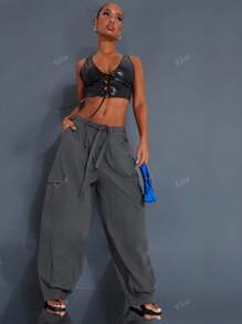 Pantaloni cargo casual da donna, Boyfriend Relaxed Fit Trousers, Pantaloni lunghi estivi alla moda da signora con tasche, P Pantaloni larghi con vita e traforo, adatti per vacanze, festival musicali Quotidiani, casual, spiaggia, viaggi
