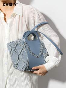 CHISIY [原创手工制作] 钻石格子流苏贝壳 Walkaway 系列蓝色人造皮革和织物链可调节肩带手提包带磁扣开合，简约优雅，容量大，适合情人节礼物、通勤、度假、所有季节 - 藍色 - 查看 6