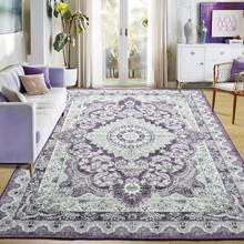 Low Pile Washable Rugs For Living Room, Faux Wool Vintage Rug For Bedroom Dining Room Home Decoration - tím trắng - Xem 2