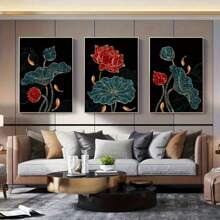 3pcs Frameless Abstract Golden Lotus Flower And Leaves Canvas Art Prints, Modern Non-Framed Wall Art For Living Room Decor Gifts Birthday Graduation