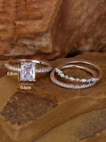 Tsnamer 3 Pcs/Set Noble Radiant Cut Cubic Zirconia Wedding Ring Set For Women Wedding Band Bridal Anniversary Jewelry Gifts - Ring - View 6