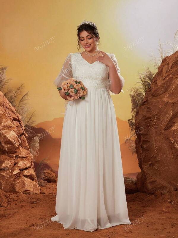 Plus Size V-Neck Embroidered Lace Flare Sleeve Patchwork Chiffon Maxi Wedding Dress, Bride