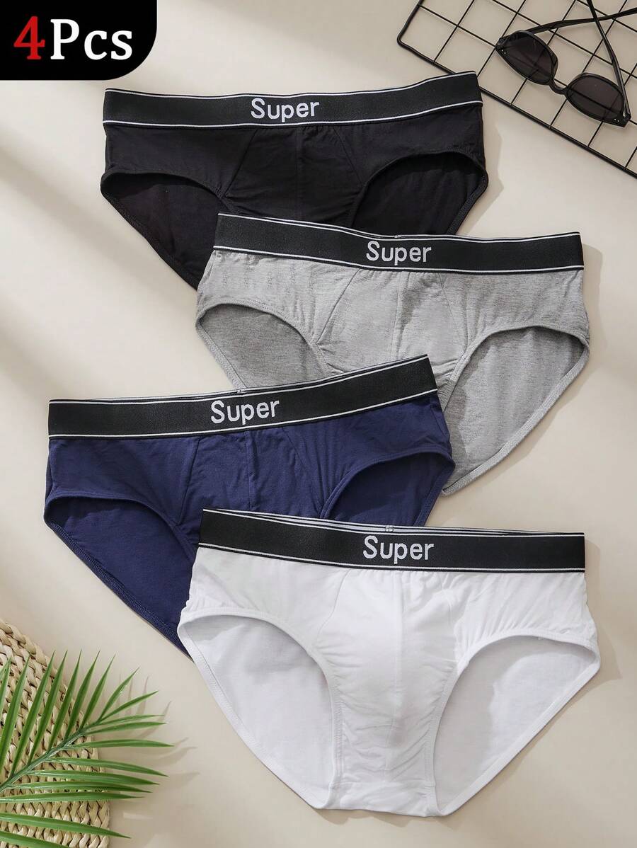 4Pcs Men's Triangle Briefs Boxer Stylish Letter Waistband Stretch Selected Material Soft Daily Sleep Boxer Men's Briefs - Multicolor - View 1
