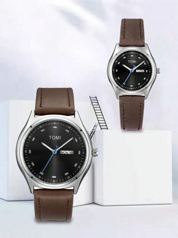 TOMI TOMI Couple Leather Strap Watch Set, High-End Men & Women Pair Watches With Day, Date, Week Display, Suitable For Holidays, Birthdays, Valentine's Day, Christmas, Year-End, Gifts