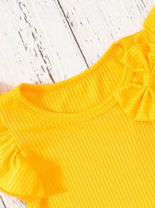 2pcs Baby Girls Casual Bow Ribbed Tee And Sunflower Printed Shorts Set - Yellow - View 4