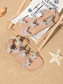 Girls Sandals For Summer, Butterfly Decor, Round Toe Flat Exposed Toe Princess Roman Shoes, Suitable For Outdoor, Shopping, Beach Travel