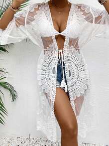 Women Bikini Cover Up Floral Embroidery See-Through Lace Beach Kimono For Swimsuit Bathing Suit Summer Clothes - 白色 - 查看 4
