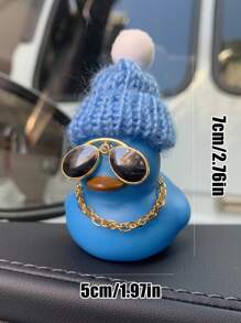 1pc Rubber Duck Decoration With Knit Pompom Hat, Cool Sunglasses And Gold Chain For Car Rearview Mirror - Blue - View 3