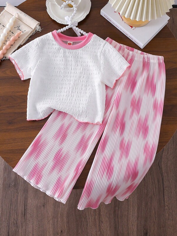 Conjunto de 2 peças para meninas, blusa casual fofa rosa com mangas bufantes + calça boca de sino da moda