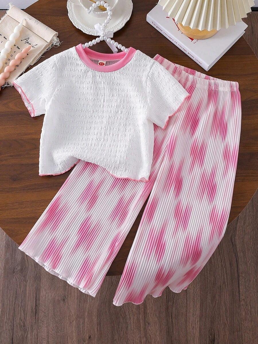 2pcs/Set Young Girl Casual Cute Pink Ruffle Sleeve Top + Fashionable Flared Pants Set - White - View 1
