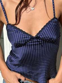 Women's Summer Camisoles Spaghetti Straps Dot Pattern Lace Trim Stylish Slim Fit Crop Tank Tops Cute Going Out Lingerie Tops - 藍色 - 查看 3
