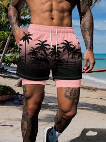 Men's Fashionable Printed Double Layer Casual Sports Beach Shorts,Hawaiian - Multicolor - View 1