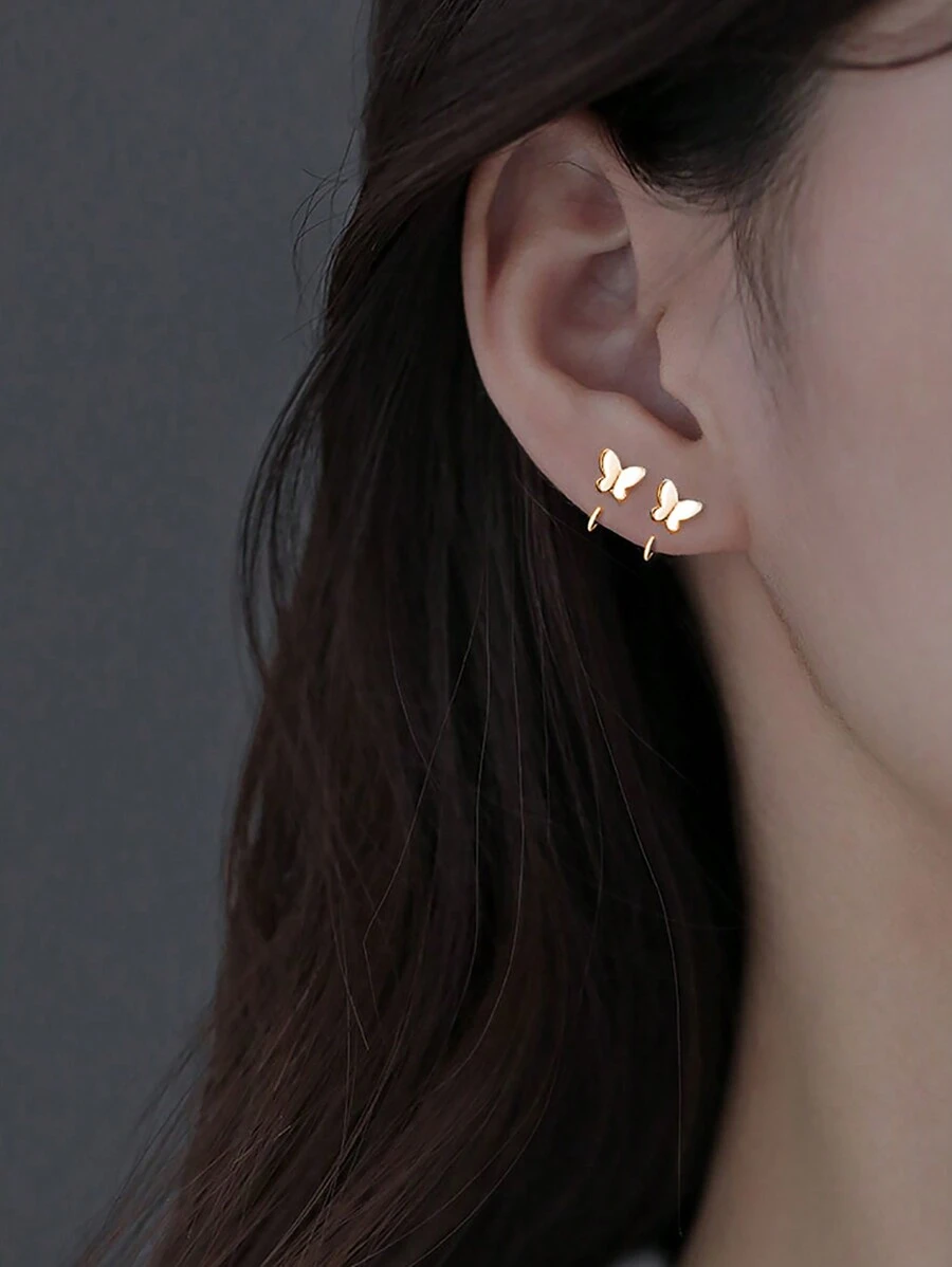1 Pair Fashionable Minimalist Exquisite Alloy Butterfly Hoop Earrings For Women, Suitable For Daily Wear And Gifts - Silver - View 1