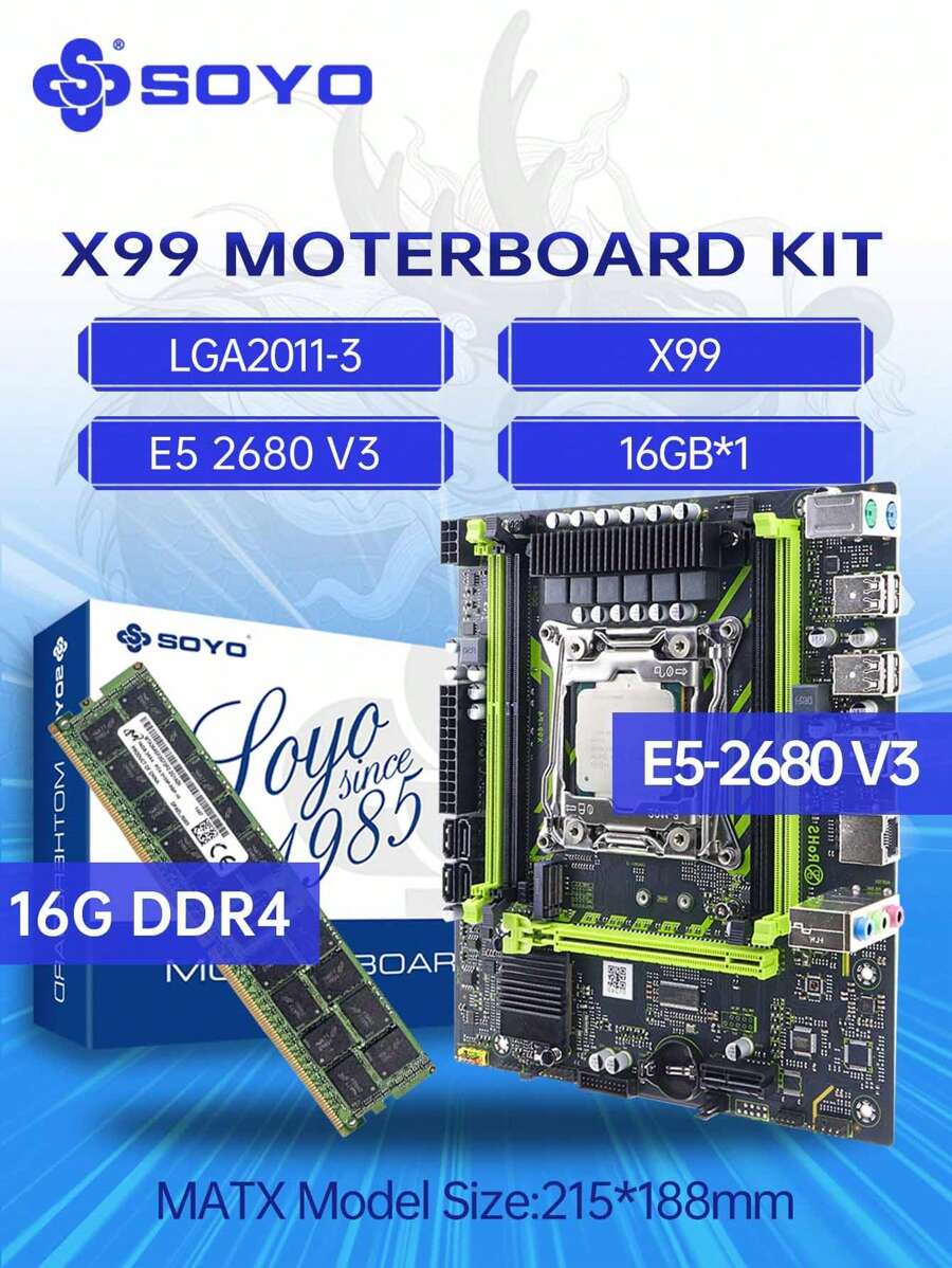 SOYO X99 D4 主板套件 LGA 2011-3 套装，配备英特尔至强 E5 2680 V3 CPU 处理器和 DDR4 16GB（1*16GB）RAM 内存 - SOYO X99+E5 2680V3+16G*1 - 查看 1