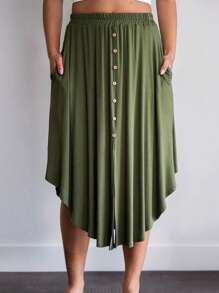 Plus Size Women Plain Elastic Waist Buttons Down Skirt Ladies Pockets Asymmetrical Irregular Ruffle Casual Loose Baggy Party Maxi Long Dress - Army Green - View 1