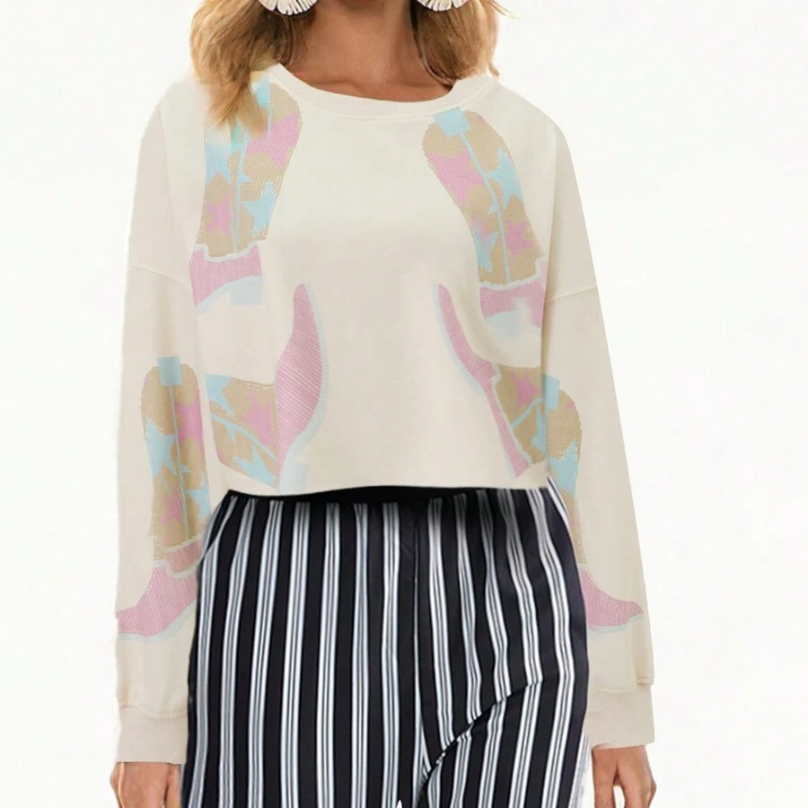 Women's Loose Sequins Boots Sweatshirt Valentine's Day Long Sleeve Round Neck Casual Cropped Pullover