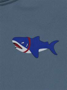 Women's Solid Color Loose Hoodie, Long Sleeve Drawstring Pocket Shark Print Casual Streetwear, Autumn Spring - Blue - View 5