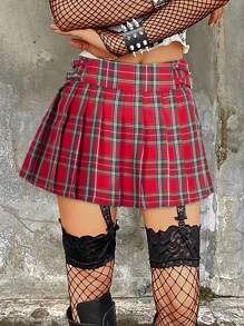Y2K Preppy Cute Contrast Tartan Plaid Print Double Metallic Buckle Pleated Mini Skirt Summer Outdoor Skateboard Hottie Casual Date Night Music Festival Concert Outfit