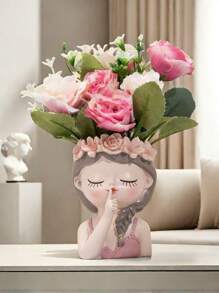 1PC Fairy Flower Pot Cute Cartoon Little Girl Light Luxury High-End Feeling, Personalized Creative Shape Fleshy Flower Pot, Human Face Makeup Brush Storage Tube Dressing Table Eye Shadow Eyebrow Brush Pen Holder