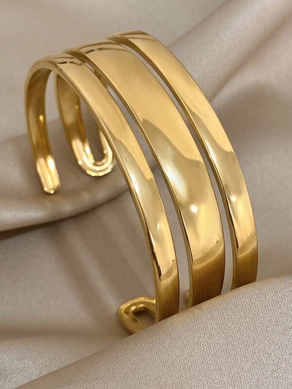 1 pieza Brazalete de puño de color dorado para mujeres y adolescentes mujeres, brazalete ancho de acero inoxidable de moda, para apilar, para uso diario, fiesta, regalos del Día de San Valentín
