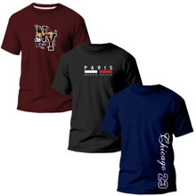 Kit 3 Camisetas Estampadas NY, PARIS, CHICAGO 23 Camisa Masculina 100% Algodão Unissex - Azul Marinho - Visão 9