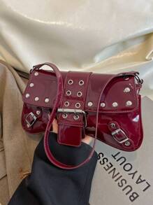 大容量通勤小众设计单肩包，休闲百搭简约时尚手提包，新款女包，舒适面料PU纹理纯色设计按扣开合，舒适长肩带，大空间容量，线上不对称造型包包 - 紅色 - 查看 6