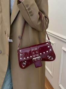 大容量通勤小众设计单肩包，休闲百搭简约时尚手提包，新款女包，舒适面料PU纹理纯色设计按扣开合，舒适长肩带，大空间容量，线上不对称造型包包 - 紅色 - 查看 4