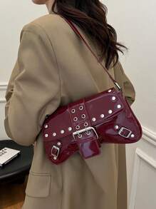 大容量通勤小众设计单肩包，休闲百搭简约时尚手提包，新款女包，舒适面料PU纹理纯色设计按扣开合，舒适长肩带，大空间容量，线上不对称造型包包 - 紅色 - 查看 2