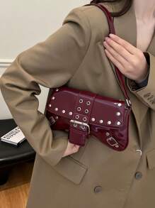 大容量通勤小众设计单肩包，休闲百搭简约时尚手提包，新款女包，舒适面料PU纹理纯色设计按扣开合，舒适长肩带，大空间容量，线上不对称造型包包 - 紅色 - 查看 3