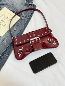 大容量通勤小众设计单肩包，休闲百搭简约时尚手提包，新款女包，舒适面料PU纹理纯色设计按扣开合，舒适长肩带，大空间容量，线上不对称造型包包 - 紅色 - 查看 10