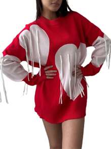 Women's Autumn Sweater Long Sleeve Knit Tassel Heart Knitwear - 紅色 - 查看 1