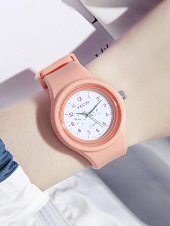 KEZZI 1 pièce Montre à quartz mode avec boîtier et bracelet en silicone unisexe noir/blanc/rose/vert, marque KEZZI