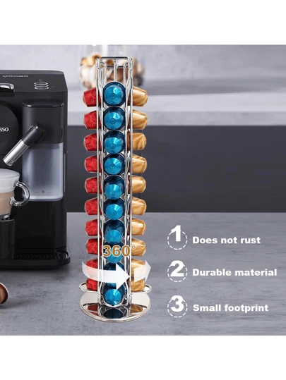 节省厨房空间的咖啡胶囊收纳架。这款咖啡胶囊收纳架可旋转，可容纳40粒胶囊。适用于厨房、办公室和咖啡店，以及咖啡吧配件和返校季厨房配件。