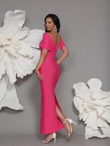 Handmade Beaded Off Shoulder Bodycon Bandage Dress, Sexy & Fitted, Suitable For Family Gatherings, Parties, Formal Events - Hot Pink - View 3
