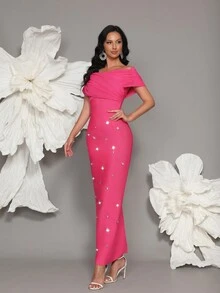 Handmade Beaded Off Shoulder Bodycon Bandage Dress, Sexy & Fitted, Suitable For Family Gatherings, Parties, Formal Events - Hot Pink - View 7