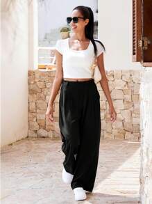 A AGROSTE Women's Wide Leg Pants, Waffle Knit Pants, Elastic High Waisted Casual Slacks, Work Business Palazzo Trousers With Pockets - 黑色 - 查看 8