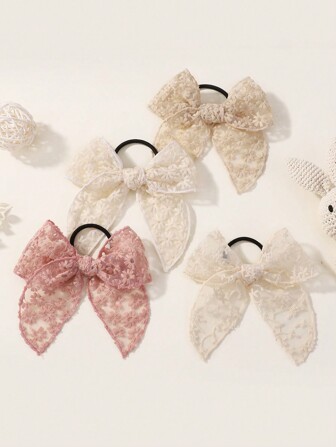 4pcs/Set Bow Lace Ribbon Elastic Hair Ties, High Quality Transparent Ribbon Hair Accessories, Fashionable & Elegant Hair Styling For Girls